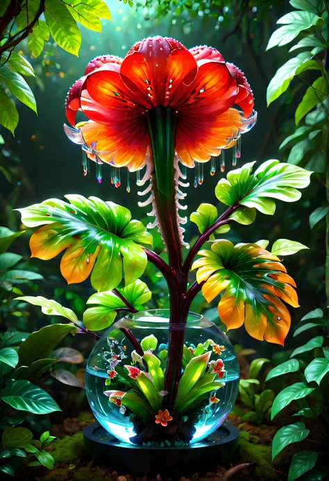 colored crystal style，(a magical plant，beautiful rafflesia，half of its stems and leaves are made of crystal，the other half is a ...