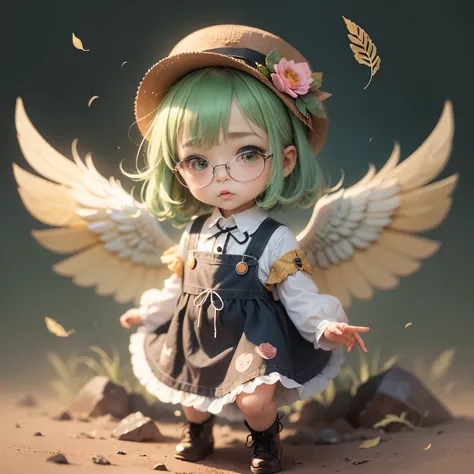 Green hair, brown-eyed, eye glass, Wearing a colorful hat、Girl in a dress with wings on the back, Chibi Girl, Lori in dress, Lori, kawaii chibi, Inspired by Riki, Chibi Art, Inspired by Soda, Tahara-ku, Inspired by Yundukusue, Inspired by Wang Lu --auto --...