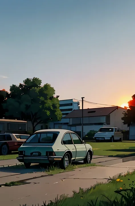 Car Cemetery, muitos carros. Patio with grass. abandoned buildings, carros abandonados, Greenery next to buildings, sun sunset. manga-style (Preto e branco).