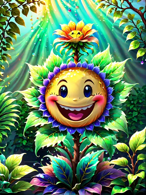 stained glass style,(a magical plant,Irridescent color,1 big five flower,Lovely smile),Leaves covered with nectar, Plants covered in liquid, Cute 3d rendering, Rendering in Cinema 4D Octane, blender art, Cinema 4D color rendering, Very detailed photos of h...