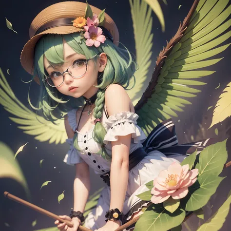 Green hair, brown-eyed, eye glass, Wearing a colorful hat、Girl in a dress with wings on the back, Chibi Girl, Lori in dress, Lori, kawaii chibi, Inspired by Riki, Chibi Art, Inspired by Soda, Tahara-ku, Inspired by Yundukusue, Inspired by Wang Lu --auto --...