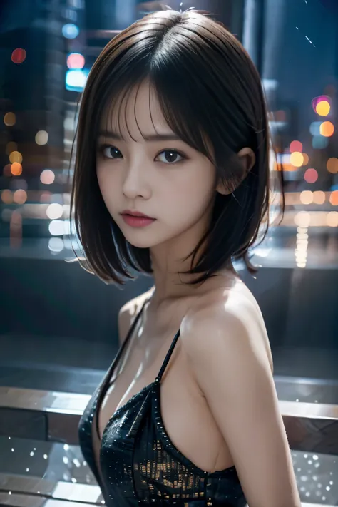 top-quality、​masterpiece、超A high resolution、Raw photography、(Photorealsitic:1.4)、女の子1人、A detailed face、Glittering night view、black sexy dresses、provocative wink、The moment you turn around、short-haired、beautiful blonde japanese actress、sakimichan、cinematric...