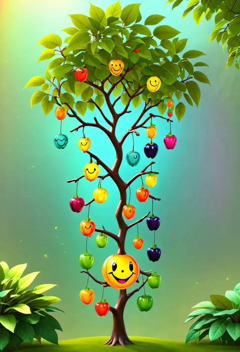 stained glass style，(a fabulous colorful rainbow ginseng fruit tree，fruits in the shape of transparent smiley dolls hang on the ...