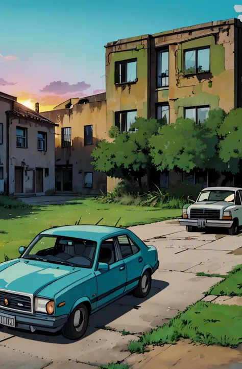 Car Cemetery, muitos carros. Patio with grass. abandoned buildings, carros abandonados, Greenery next to buildings, sun sunset. manga-style (Preto e branco).