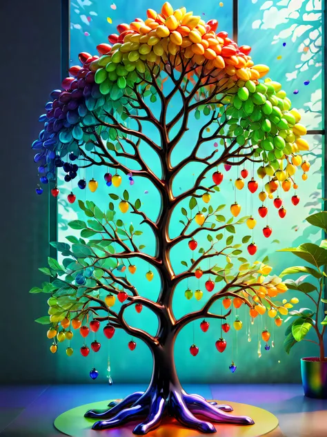 stained glass style，(a fabulous colorful rainbow ginseng fruit tree，many transparent doll-shaped fruits hang on the branches, ir...