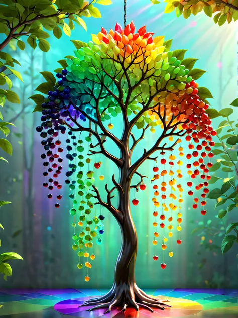 stained glass style，(a fabulous colorful rainbow ginseng fruit tree，many transparent doll-shaped fruits hang on the branches, ir...