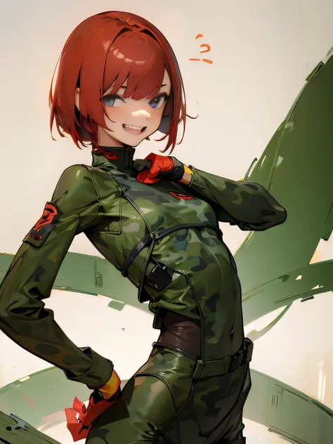 Slim type、small tits、cover one&#39;listen to your ears with both hands、Female Android、Red hair shortcuts、Woman in camouflage combat uniform、Laughing face、