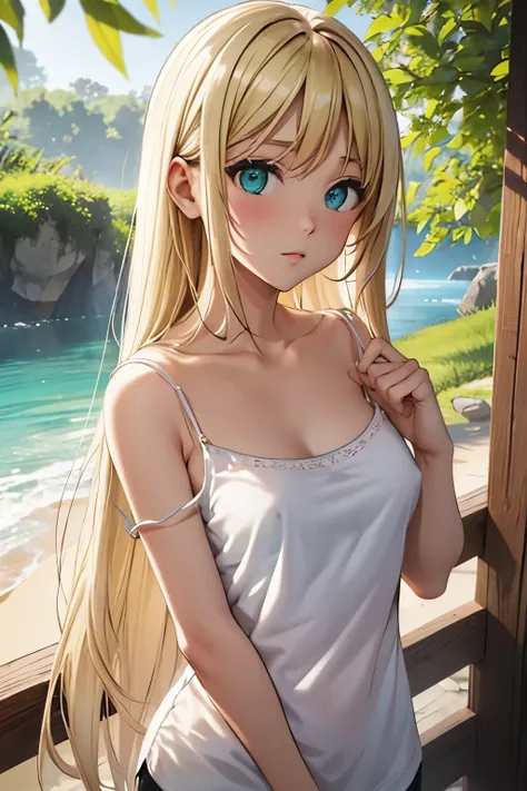 the real thing、女の子1人、a blond、longhaire、green colored eyes、toddlers、(small tits)、pointed nipple、((white camisole:1.5))、((depictio...