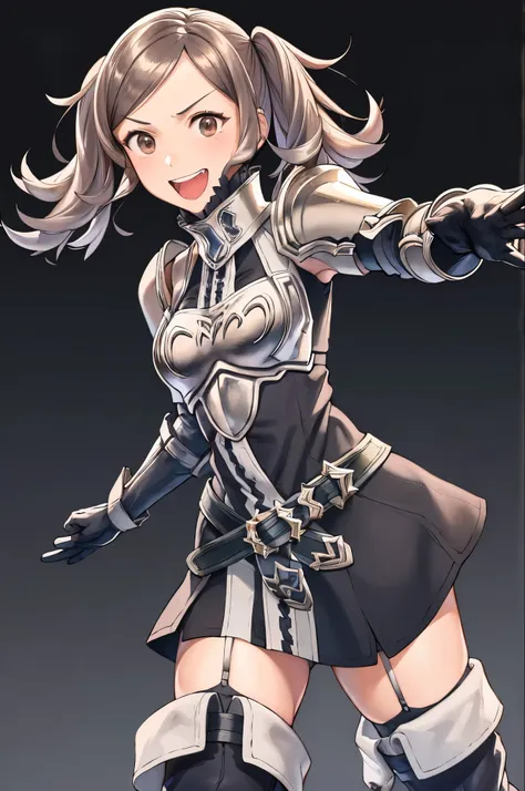 smile,open mouth,cynthia,outstretched hand,fighting stance, brown hair,twintails,thighhighs, gloves, armor, short dress, boots,thigh boots, dress,elbow gloves, zettai ryouiki,breastplate, shoulder armor, belt, garter straps, outdoorasterpiece, best quality...