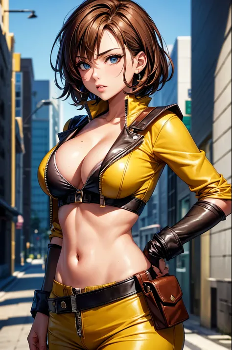 masterpiece, best quality, high quality, highres, outdoors, day, upper body, sexy face, looking at viewer, solo, focused, BREAK, 
CARTOON_April_ONeil_TMNT_ownwaifu, 
1girl, brown hair, short hair, breasts, brown eyes, large breasts, lips, makeup, collarbon...