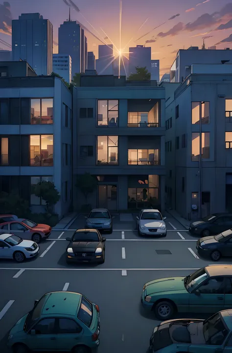 Car Cemetery, muitos carros. Patio with grass. abandoned buildings, carros abandonados, Greenery next to buildings, sun sunset. manga-style (Preto e branco).