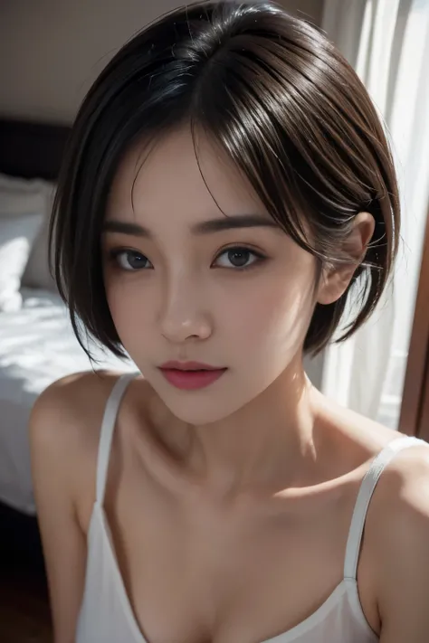 Modern room with night view、quiet time at night、Beautiful woman resting in a sophisticated black and white room、Look down, Close your eyes and smile、slightly open lips、short-haired、Beautiful Japanese actress nightwear、(realisitic、フォトrealisitic)、Beautiful J...