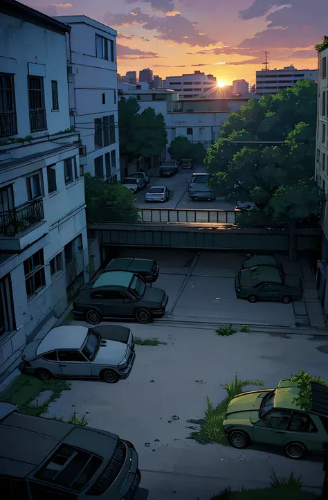 Car Cemetery, muitos carros. Patio with grass. abandoned buildings, carros abandonados, Greenery next to buildings, sun sunset. manga-style