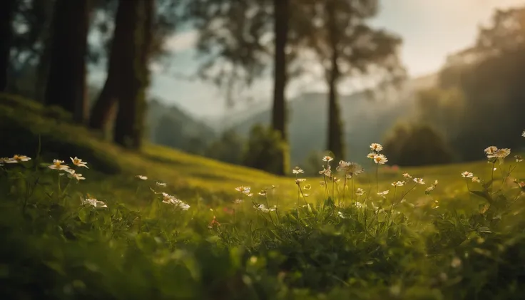 An aesthetic wallpaper featuring a vibrant and visually captivating composition of a transparent world placed on a grassy landscape, with lush greenery and blooming flowers, representing the harmony between nature and sustainability.