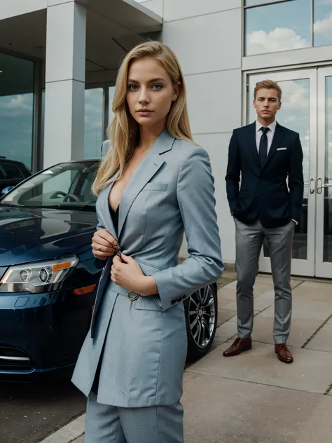 Blonde woman, blue eyes, suit, standing near luxurious car