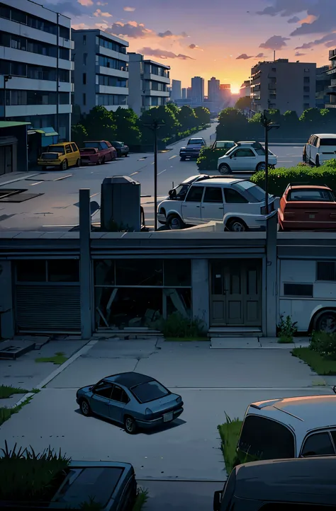 car cemetery, muitos carros. patio with grass. abandoned buildings, carros abandonados, greenery next to buildings, sun sunset. ...