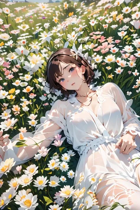 parfect anatomy、one girls、Very delicate and beautiful woman、short-hair、lying in a beautiful flower field、Lying on your back、robe blanche、artistic、top-quality、ultra-detailliert、masuter piece、８ｋ、Captured from above、Professional Photographer、50ｍｍlens