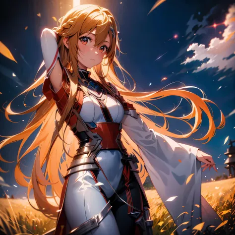 anime girl with long hair and sword in field with sky background, asuna yuuki, asuna from sao, epic light novel art cover, detai...