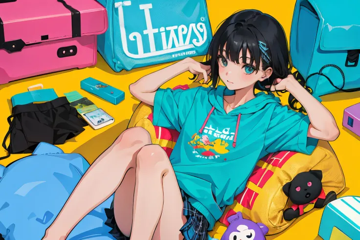 child，（​masterpiece，Highest Quality），turquoise short sleeve hoodie，Plaid mini skirt，A dark-haired，World of toys