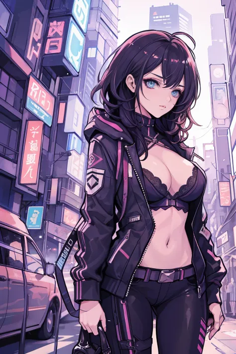 Beautiful woman medium hair, cyberpunk style short clothes, large full breasts,