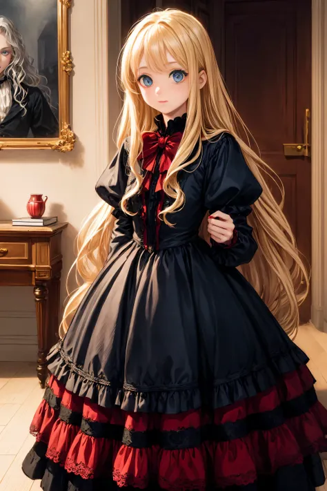 handdrawn, long hair, Blonde girl, big blue eyes tim burton style, no pupils, in a beautiful old styled mansion, striped red and black clothing,