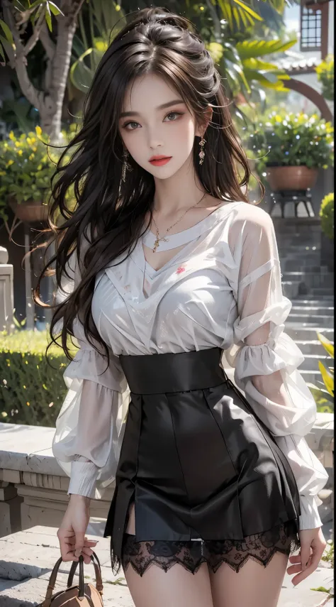 Sweet girl clothes7,skirt,, midjourney portrait, Best quality:1.4, photo-realism:1.4, skin texture:1.4, masterpiece:1.8, 1 Women, buttocks raised, beautidful eyes, Long-haired, eye socket, jewely, Tattooed with,