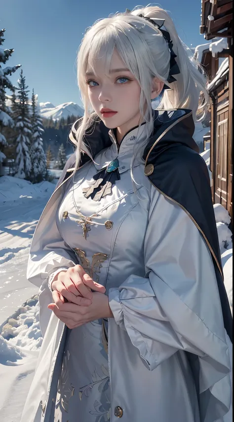 (8K),realistically, A high resolution, 1 Women, own, (gorgeous one,Lolita costume), pretty eyes, White hair, eye socket, (Dynamic posture,Cloak,blanketed in a mantle of snow), snowfield,twilight,Cloud,