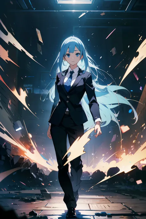 miwakasumi, Eyes, Blue hair, Long hair, Breaking a tie, Black suit，trouser，BREAK looking at viewer, Full body, Break indoors, crass room, BREAK (masutepiece:1.2), Best Quality, High resolution, Unity 8k壁纸, (Illustration:0.8), (Beautiful detailed eyes:1.6),...