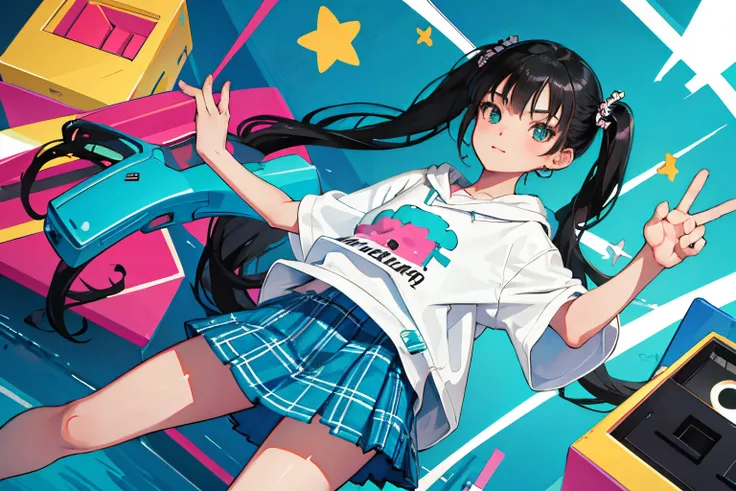 child，（​masterpiece，Highest Quality），turquoise short sleeve hoodie，Plaid mini skirt，A dark-haired，long twintail，World of toys