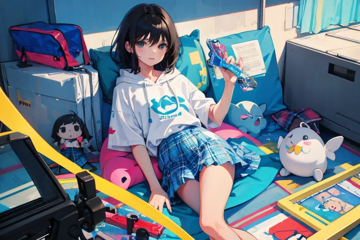 child，（​masterpiece，Highest Quality），turquoise short sleeve hoodie，Plaid mini skirt，A dark-haired，Semi-long，World of toys