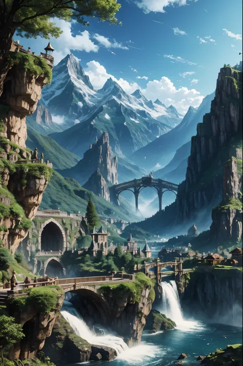 Elvish epic city in the mountains with waterfalls, rivendell, lord of the rings