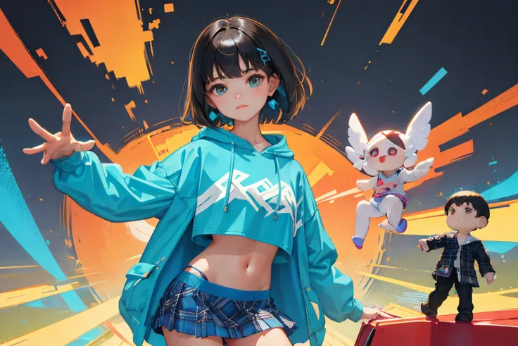 child，（​masterpiece，Highest Quality），turquoise short sleeve hoodie，Crop Top Look，Plaid mini skirt，A dark-haired，Semi-long，World of toys