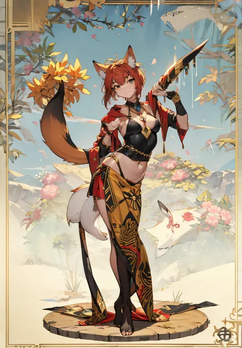 （Best quality at best），4K，Noble female vixen，from a foreign race，Wearing exotic tribal clothes with short hair，The stands up，long leges，The expression is very charming