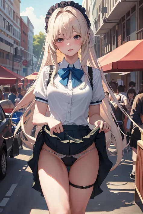 extremely detailed CG unity 8k wallpaper, best quality, ultra-detailed, masterpiece, realistic, photo realistic, extremely detailed cute girl, 20years old, (((skirt lift by myself))), (lifted by self),  panties , panties focus, blush, parted lips, looking ...