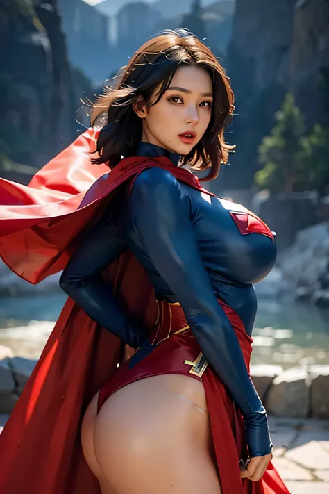 Detailed Superman costume with full sleeves covering the entire body, Characterized by female physique, (Huge breasts), (Huge ass), high quality render, flying though the air, Vivid colors, Dramatic Lighting, red cape, Cinematic Costumes