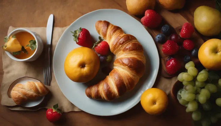 An artistic representation of a breakfast table viewed from the top, with an arrangement of fruits, bread, and croissants forming a delightful pattern, showcasing the harmony and balance of colors, shapes, and textures in a visually captivating and invitin...