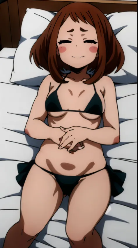 Uraraka Ochako、Black Micro Bikini、A room in a hotel、Sleeping in bed、Tempting、ssex、The areol、pubick hair、barechested、