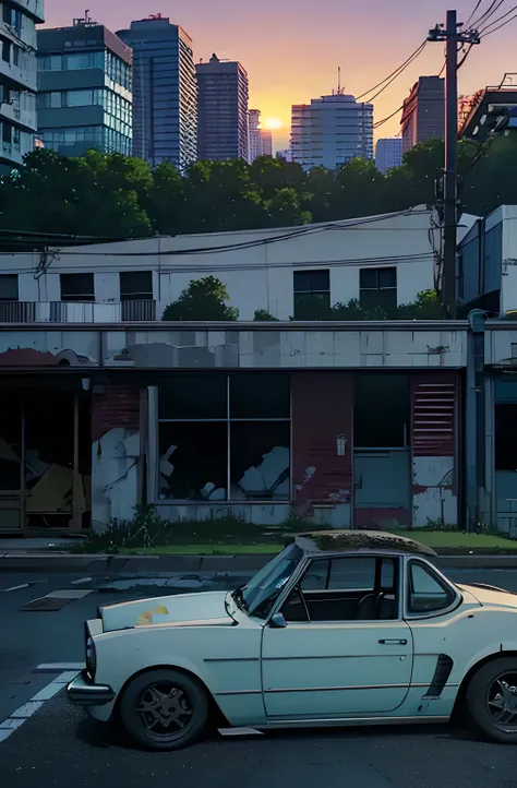 car cemetery, muitos carros. patio with grass. abandoned buildings, carros abandonados, greenery next to buildings, sun sunset. ...