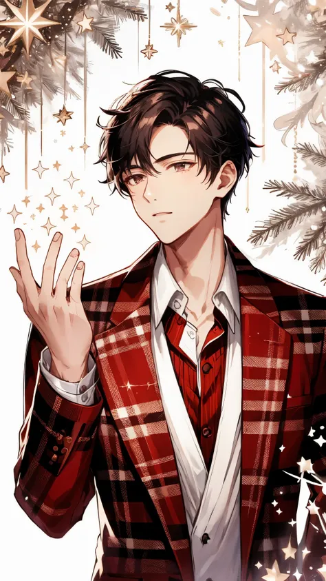 handsome young man, red patterned suit, white shirt, open collar, hand extended catching small stars, black hair, confident gaze...