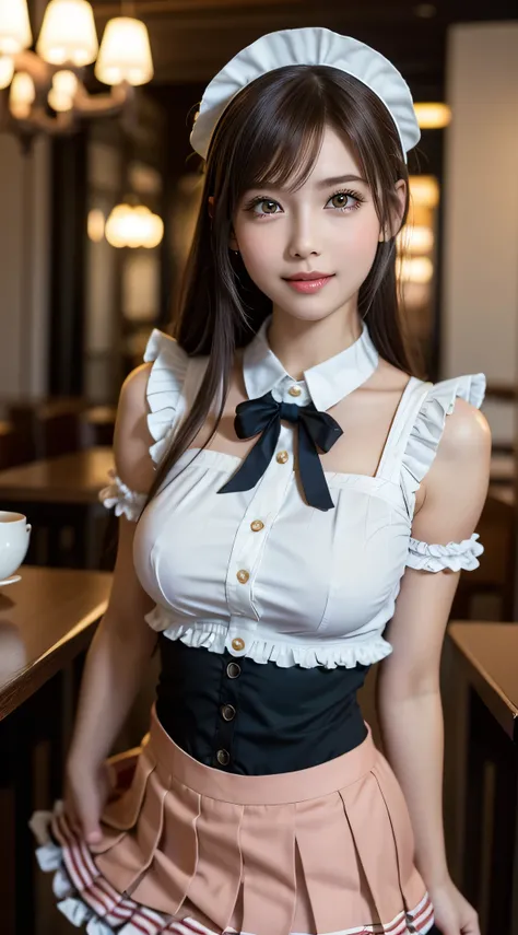 (1young girlrown hair, Amazing face and eyes, Pink eyes, seducting smile, (Maid café costume with frills, Pleated mini-skirt:1.5), (Wide open maid cafe costume:1.2), bared  chest, (amazingly beautiful girl), Brown hair, Stylish hair ornamen Quality:1.4), (...