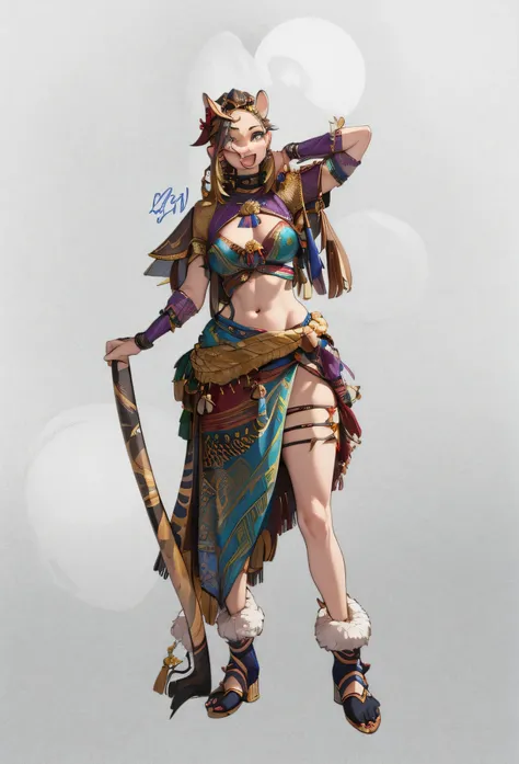 （Best quality），4K，noble shrew，from a foreign race，Wearing exotic tribal clothes，keep hair short，Stood up，long leges，The expression is very charming