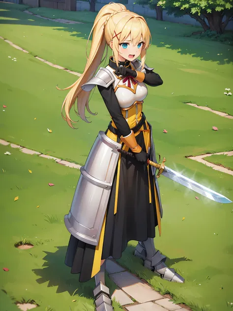 (in 8K, Raw photography, Best Quality, masutepiece: 1.2), high-definition RAW color photography, Professional Photography, Cinematic Light, (animesque:1.2), (1womanl), a blond, ((ksdarkness, ponytail, x hair ornament, armor, shoulder armor, bodysuit, black...