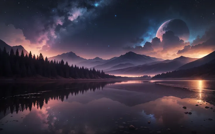 The image depicts a panoramic alien landscape at night, with a range of jagged mountains under a star-filled sky. The mountains are bathed in shades of blue and purple, suggesting otherworldly terrain. There are at least two visible celestial bodies that c...