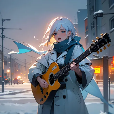 finest image, 8k, RAW photo, realistic, detailed, delicate, flashy and dynamic depiction, A woman performing on the street under a cold sky, singing with all her heart, her white breath, coat, scarf, folk guitar, background night street, professional light...