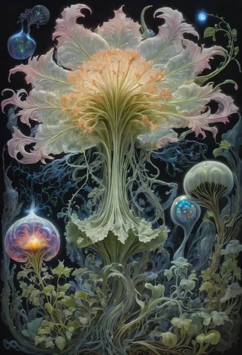 Magical plant from the abyss, the ghost flower,Images of a fascinated witch encountering alien life forms, Illumination of bioluminescent plants, The content is very detailed, hyper realisitc, 10k high resolution, Gouache style, scribble art, Glaslorne, In...