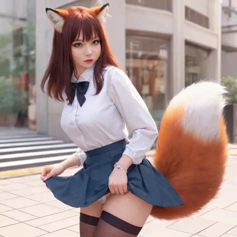 A woman with a fox tail sticking out of her skirt, white panties, NSFW, Bushy tail, a picture, top-quality, Impatient face