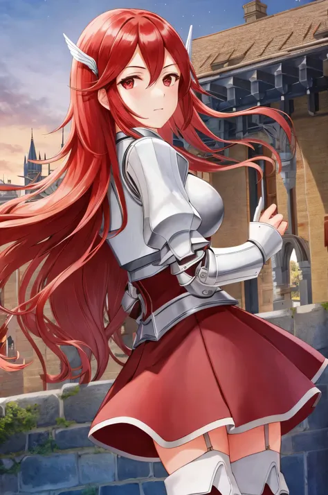 cordelia fe, 1girl, solo, looking at viewer, castle setting, serious, armor, breastplate, thigh boots, hair ornament, garter str...