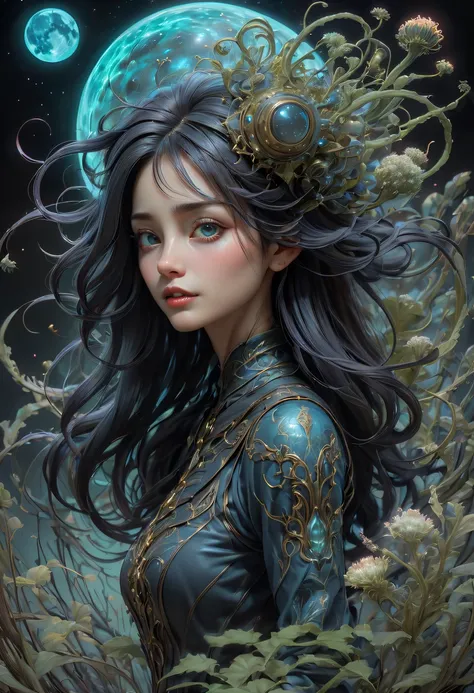 Images of a fascinated witch encountering alien life forms, Illumination of bioluminescent plants, The content is very detailed, hyper realisitc, 10k high resolution, Gouache style, scribble art, Glaslorne, Influenced by Art Nouveau, Given, and future, The...