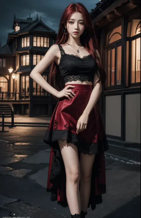 masterpiece, best quality, ultra detailed, official art, unity 8k wallpaper, beautiful, high quality, half body, standing, house background, red straight hair, gloomy eyes, earrings, jewelry, black lace skirt, asymmetrical skirt,