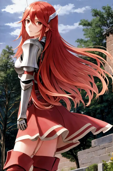 cordelia fe, 1girl, solo, looking at viewer, castle setting, serious, armor, breastplate, thigh boots, hair ornament, garter str...